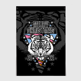 Постер с принтом Merry Christmas 2022 в Курске, 100% бумага
 | бумага, плотность 150 мг. Матовая, но за счет высокого коэффициента гладкости имеет небольшой блеск и дает на свету блики, но в отличии от глянцевой бумаги не покрыта лаком | 2022 | beast | merry christmas | new year | predator | stars | stern look | white tiger | year of the tiger | белый тигр | год тигра | звезды | зверь | новый год | суровый взгляд | хищник