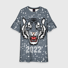 Детское платье 3D с принтом Водяной тигр 2022 в Курске, 100% полиэстер | прямой силуэт, чуть расширенный к низу. Круглая горловина, на рукавах — воланы | 2022 | beast | fangs | merry christmas | new year | predator | snow | stars | stern grin | water tiger | winter | year of the tiger | водяной тигр | год тигра | звезды | зверь | зима | клыки | новый год | снег | суровый оскал | хищник