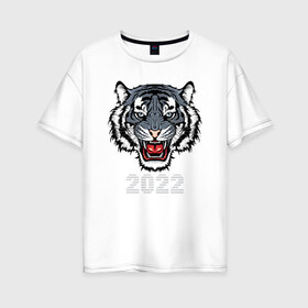 Женская футболка хлопок Oversize с принтом Голубой водяной тигр 2022 в Курске, 100% хлопок | свободный крой, круглый ворот, спущенный рукав, длина до линии бедер
 | 2022 | beast | fangs | merry christmas | new year | predator | stars | stern grin | water tiger | year of the tiger | водяной тигр | год тигра | звезды | зверь | клыки | новый год | суровый оскал | хищник