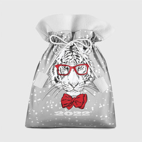 Подарочный 3D мешок с принтом Белый тигр с красным бантом в Курске, 100% полиэстер | Размер: 29*39 см | 2022 | animal | fangs | merry christmas | new year | predator | red bow | severe grin | snow | white water tiger | winter | year of the tiger | белый водяной тигр | год тигра | зверь | зима | клыки | красный бант | новый год | очки | снег | суро