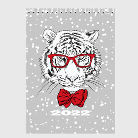 Скетчбук с принтом Белый тигр с красным бантом в Курске, 100% бумага
 | 48 листов, плотность листов — 100 г/м2, плотность картонной обложки — 250 г/м2. Листы скреплены сверху удобной пружинной спиралью | Тематика изображения на принте: 2022 | animal | fangs | merry christmas | new year | predator | red bow | severe grin | snow | white water tiger | winter | year of the tiger | белый водяной тигр | год тигра | зверь | зима | клыки | красный бант | новый год | очки | снег | суро