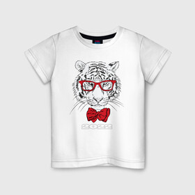 Детская футболка хлопок с принтом Белый тигр в красных очках в Курске, 100% хлопок | круглый вырез горловины, полуприлегающий силуэт, длина до линии бедер | 2022 | beast | bow tie | fangs | merry christmas | new year | predator | stern grin | white water tiger | year of the tiger | белый водяной тигр | галстук бабочка | год тигра | зверь | клыки | красные очки | новый год | суровый оскал | хищни