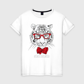 Женская футболка хлопок с принтом Белый тигр в красных очках в Курске, 100% хлопок | прямой крой, круглый вырез горловины, длина до линии бедер, слегка спущенное плечо | Тематика изображения на принте: 2022 | beast | bow tie | fangs | merry christmas | new year | predator | stern grin | white water tiger | year of the tiger | белый водяной тигр | галстук бабочка | год тигра | зверь | клыки | красные очки | новый год | суровый оскал | хищни