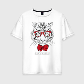 Женская футболка хлопок Oversize с принтом Белый тигр в красных очках в Курске, 100% хлопок | свободный крой, круглый ворот, спущенный рукав, длина до линии бедер
 | 2022 | beast | bow tie | fangs | merry christmas | new year | predator | stern grin | white water tiger | year of the tiger | белый водяной тигр | галстук бабочка | год тигра | зверь | клыки | красные очки | новый год | суровый оскал | хищни