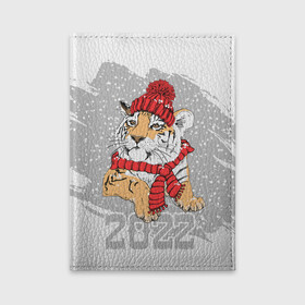 Обложка для автодокументов с принтом Тигр в красной шапке в Курске, натуральная кожа |  размер 19,9*13 см; внутри 4 больших “конверта” для документов и один маленький отдел — туда идеально встанут права | Тематика изображения на принте: 2022 | beast | merry christmas | new year | predator | proud tiger | red hat | scarf | snow | winter | year of the tiger | год тигра | гордый тигр | зверь | зима | красная шапка | новый год | снег | хищник | шарф