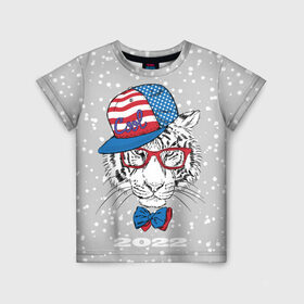 Детская футболка 3D с принтом Крутой белый тигр в Курске, 100% гипоаллергенный полиэфир | прямой крой, круглый вырез горловины, длина до линии бедер, чуть спущенное плечо, ткань немного тянется | 2022 | beast | bow | cap | cool | merry christmas | new year | predator | snow | tiger | usa flag | winter | year of the tiger | бант | год тигра | зверь | зима | кепка | крутой | новый год | очки | снег | тигр | флаг сша | хищник