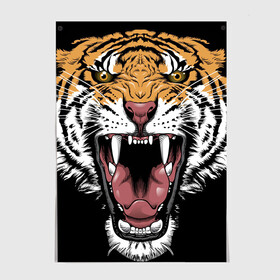 Постер с принтом Оскал амурского тигра в Курске, 100% бумага
 | бумага, плотность 150 мг. Матовая, но за счет высокого коэффициента гладкости имеет небольшой блеск и дает на свету блики, но в отличии от глянцевой бумаги не покрыта лаком | 2022 | amur tiger | beast | merry christmas | new year | open mouth | predator | stern grin | year of the tiger | амурский тигр | год тигра | зверь | новый год | открытая пасть | суровый оскал | хищник