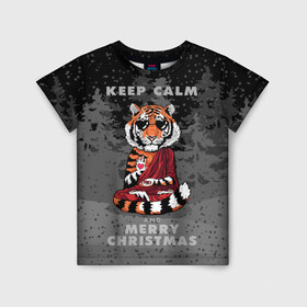 Детская футболка 3D с принтом Keep calm and Merry Christmas в Курске, 100% гипоаллергенный полиэфир | прямой крой, круглый вырез горловины, длина до линии бедер, чуть спущенное плечо, ткань немного тянется | Тематика изображения на принте: 2022 | beast | buddhist | heart | keep calm and merry christmas | meditation | new year | spruce forest | tiger | year of the tiger | буддист | год тигра | ельник | зверь | медитация | новый год | сердце | тигр | черные очки