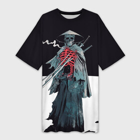 Платье-футболка 3D с принтом Скелет Самурай с трубкой на черно белом фоне в Курске,  |  | catana | ninja | samurai | skillet | sword | катана | киберпанк | маска самурая | меч | пират | путь война | самурай | сёгун | семь самураев | скелет | скилет | токио | чёрный самурай | японский самурай