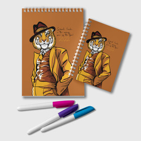 Блокнот с принтом Good luck in the coming year of the Tiger в Курске, 100% бумага | 48 листов, плотность листов — 60 г/м2, плотность картонной обложки — 250 г/м2. Листы скреплены удобной пружинной спиралью. Цвет линий — светло-серый
 | 2022 | gentleman | happy new year | hat | imposing | look | merry christmas | orange suit | predator | tiger | взгляд | год тигра | джентльмен | новый год | оранжевый костюм | рождество | тигр | хищник | шляпа