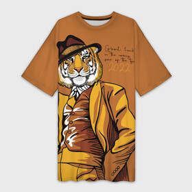 Платье-футболка 3D с принтом Good luck in the coming year of the Tiger в Курске,  |  | 2022 | gentleman | happy new year | hat | imposing | look | merry christmas | orange suit | predator | tiger | взгляд | год тигра | джентльмен | новый год | оранжевый костюм | рождество | тигр | хищник | шляпа