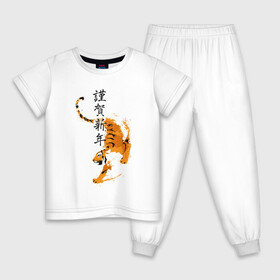 Детская пижама хлопок с принтом Китайский тигр 2022 в Курске, 100% хлопок |  брюки и футболка прямого кроя, без карманов, на брюках мягкая резинка на поясе и по низу штанин
 | Тематика изображения на принте: 2022 | attacks | happy new year | hieroglyphs | merry christmas | predator | sneaks | tiger | year of the tiger | атакует | год тигра | иероглифы | китайский | крадется | новый год | рождество | тигр | хищник