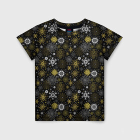 Детская футболка 3D с принтом Зимние Узоры (золотые) в Курске, 100% гипоаллергенный полиэфир | прямой крой, круглый вырез горловины, длина до линии бедер, чуть спущенное плечо, ткань немного тянется | merry christmas | дед мороз | ёлка | зима | мороз | новый год | подарок | праздник | рождество | с новым годом | сантаклаус | снег | снеговик | снегурочка | снежинки | снежные узоры | узоры