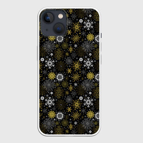 Чехол для iPhone 13 с принтом Зимние Узоры (золотые) в Курске,  |  | merry christmas | дед мороз | ёлка | зима | мороз | новый год | подарок | праздник | рождество | с новым годом | сантаклаус | снег | снеговик | снегурочка | снежинки | снежные узоры | узоры