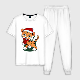 Мужская пижама хлопок с принтом Зимний тигр в Курске, 100% хлопок | брюки и футболка прямого кроя, без карманов, на брюках мягкая резинка на поясе и по низу штанин
 | Тематика изображения на принте: 2022 | год тигра | новогодний тигр | новый год | праздничный тигр | тигр | тигр в новогодней шапке | тигренок