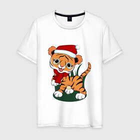 Мужская футболка хлопок с принтом Зимний тигр в Курске, 100% хлопок | прямой крой, круглый вырез горловины, длина до линии бедер, слегка спущенное плечо. | 2022 | год тигра | новогодний тигр | новый год | праздничный тигр | тигр | тигр в новогодней шапке | тигренок