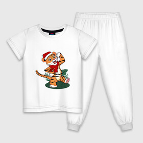 Детская пижама хлопок с принтом Новогодний тигр 2022 в Курске, 100% хлопок |  брюки и футболка прямого кроя, без карманов, на брюках мягкая резинка на поясе и по низу штанин
 | 2022 | зимний тигр | качок | новый год | подарок на новый год | сильный | стоит | тигр в новогодней шапке | тигренок | хвастается