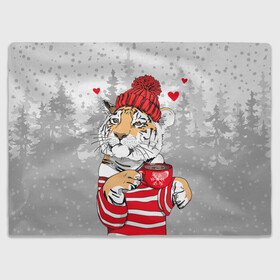 Плед 3D с принтом Тигр с чашкой кофе в Курске, 100% полиэстер | закругленные углы, все края обработаны. Ткань не мнется и не растягивается | 2022 | a cup of coffee | fir forest | happy new year | hearts | merry christmas | red hat | striped fur coat | tiger | year of the tiger | год тигра | еловый лес | красная шапка | новый год | полосатая шуба | рождество | сердца | тигр | чашка кофе