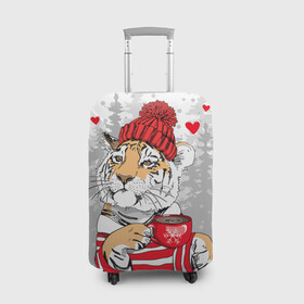 Чехол для чемодана 3D с принтом Тигр с чашкой кофе в Курске, 86% полиэфир, 14% спандекс | двустороннее нанесение принта, прорези для ручек и колес | 2022 | a cup of coffee | fir forest | happy new year | hearts | merry christmas | red hat | striped fur coat | tiger | year of the tiger | год тигра | еловый лес | красная шапка | новый год | полосатая шуба | рождество | сердца | тигр | чашка кофе