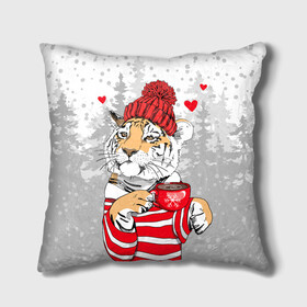 Подушка 3D с принтом Тигр с чашкой кофе в Курске, наволочка – 100% полиэстер, наполнитель – холлофайбер (легкий наполнитель, не вызывает аллергию). | состоит из подушки и наволочки. Наволочка на молнии, легко снимается для стирки | 2022 | a cup of coffee | fir forest | happy new year | hearts | merry christmas | red hat | striped fur coat | tiger | year of the tiger | год тигра | еловый лес | красная шапка | новый год | полосатая шуба | рождество | сердца | тигр | чашка кофе