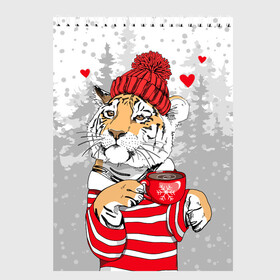 Скетчбук с принтом Тигр с чашкой кофе в Курске, 100% бумага
 | 48 листов, плотность листов — 100 г/м2, плотность картонной обложки — 250 г/м2. Листы скреплены сверху удобной пружинной спиралью | 2022 | a cup of coffee | fir forest | happy new year | hearts | merry christmas | red hat | striped fur coat | tiger | year of the tiger | год тигра | еловый лес | красная шапка | новый год | полосатая шуба | рождество | сердца | тигр | чашка кофе