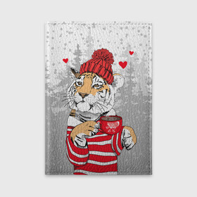 Обложка для автодокументов с принтом Тигр с чашкой кофе в Курске, натуральная кожа |  размер 19,9*13 см; внутри 4 больших “конверта” для документов и один маленький отдел — туда идеально встанут права | 2022 | a cup of coffee | fir forest | happy new year | hearts | merry christmas | red hat | striped fur coat | tiger | year of the tiger | год тигра | еловый лес | красная шапка | новый год | полосатая шуба | рождество | сердца | тигр | чашка кофе