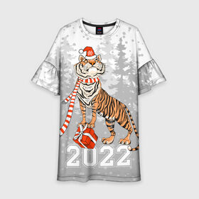 Детское платье 3D с принтом Тигр с подарками в Курске, 100% полиэстер | прямой силуэт, чуть расширенный к низу. Круглая горловина, на рукавах — воланы | 2022 | fir forest | gifts | happy new year | merry christmas | red hat | santa claus | tiger | year of the tiger | год тигра | еловый лес | красная шапка | новый год | подарки | рождество | санта клаус | тигр