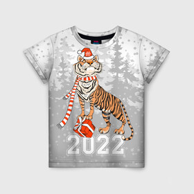 Детская футболка 3D с принтом Тигр с подарками в Курске, 100% гипоаллергенный полиэфир | прямой крой, круглый вырез горловины, длина до линии бедер, чуть спущенное плечо, ткань немного тянется | 2022 | fir forest | gifts | happy new year | merry christmas | red hat | santa claus | tiger | year of the tiger | год тигра | еловый лес | красная шапка | новый год | подарки | рождество | санта клаус | тигр