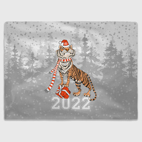 Плед 3D с принтом Тигр с подарками в Курске, 100% полиэстер | закругленные углы, все края обработаны. Ткань не мнется и не растягивается | 2022 | fir forest | gifts | happy new year | merry christmas | red hat | santa claus | tiger | year of the tiger | год тигра | еловый лес | красная шапка | новый год | подарки | рождество | санта клаус | тигр
