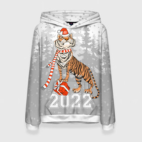 Женская толстовка 3D с принтом Тигр с подарками в Курске, 100% полиэстер  | двухслойный капюшон со шнурком для регулировки, мягкие манжеты на рукавах и по низу толстовки, спереди карман-кенгуру с мягким внутренним слоем. | 2022 | fir forest | gifts | happy new year | merry christmas | red hat | santa claus | tiger | year of the tiger | год тигра | еловый лес | красная шапка | новый год | подарки | рождество | санта клаус | тигр