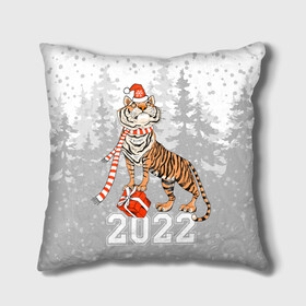 Подушка 3D с принтом Тигр с подарками в Курске, наволочка – 100% полиэстер, наполнитель – холлофайбер (легкий наполнитель, не вызывает аллергию). | состоит из подушки и наволочки. Наволочка на молнии, легко снимается для стирки | 2022 | fir forest | gifts | happy new year | merry christmas | red hat | santa claus | tiger | year of the tiger | год тигра | еловый лес | красная шапка | новый год | подарки | рождество | санта клаус | тигр
