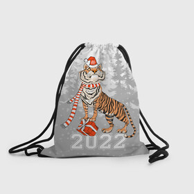 Рюкзак-мешок 3D с принтом Тигр с подарками в Курске, 100% полиэстер | плотность ткани — 200 г/м2, размер — 35 х 45 см; лямки — толстые шнурки, застежка на шнуровке, без карманов и подкладки | 2022 | fir forest | gifts | happy new year | merry christmas | red hat | santa claus | tiger | year of the tiger | год тигра | еловый лес | красная шапка | новый год | подарки | рождество | санта клаус | тигр