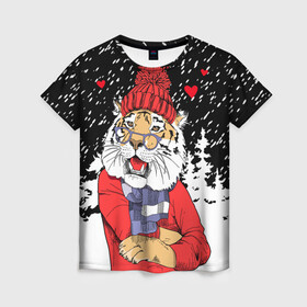 Женская футболка 3D с принтом Тигр в красном в Курске, 100% полиэфир ( синтетическое хлопкоподобное полотно) | прямой крой, круглый вырез горловины, длина до линии бедер | 2022 | fir forest | happy new year | hearts | merry christmas | red hat | santa claus | scarf | snow | tiger | year of the tiger | год тигра | еловый лес | красная шапка | новый год | очки | рождество | санта клаус | сердца | снег | тигр | шарф