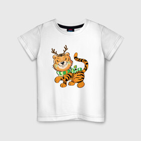 Детская футболка хлопок с принтом Тигренок   новогодний олень в Курске, 100% хлопок | круглый вырез горловины, полуприлегающий силуэт, длина до линии бедер | Тематика изображения на принте: 2022 | год тигра | новый год | новый год 2022 | символ года | тигр | тигренок | тигрица | тигры