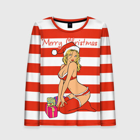 Женский лонгслив 3D с принтом Sexy Merry Christmas в Курске, 100% полиэстер | длинные рукава, круглый вырез горловины, полуприлегающий силуэт | bikini | gift boxes | girl | happy new year | merry christmas | red cap | santa claus | snow maiden | бикини | девушка | коробки подарки | красная шапка колпак | новый год | рождество | санта клаус | снег