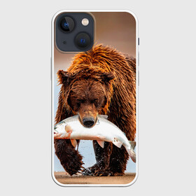 Чехол для iPhone 13 mini с принтом Медведь с рыбой во рту в Курске,  |  | bear | дикие | животные | звери | лес | медведь | мишка | природа | русская рыбалка | рыба