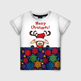 Детская футболка 3D с принтом Merry Christmas (оленёнок) в Курске, 100% гипоаллергенный полиэфир | прямой крой, круглый вырез горловины, длина до линии бедер, чуть спущенное плечо, ткань немного тянется | christmas | merry christmas | santa claus | дед мороз | ёлка | новогодние олени | новый год | оленёнок бэмби | оленёнок рудольф | орнамент | с новым годом | сантаклаус | свитер с оленями | снегурочка | снежинки | узоры