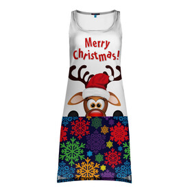 Платье-майка 3D с принтом Merry Christmas (оленёнок) в Курске, 100% полиэстер | полуприлегающий силуэт, широкие бретели, круглый вырез горловины, удлиненный подол сзади. | christmas | merry christmas | santa claus | дед мороз | ёлка | новогодние олени | новый год | оленёнок бэмби | оленёнок рудольф | орнамент | с новым годом | сантаклаус | свитер с оленями | снегурочка | снежинки | узоры