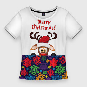 Женская футболка 3D Slim с принтом Merry Christmas (оленёнок) в Курске,  |  | christmas | merry christmas | santa claus | дед мороз | ёлка | новогодние олени | новый год | оленёнок бэмби | оленёнок рудольф | орнамент | с новым годом | сантаклаус | свитер с оленями | снегурочка | снежинки | узоры
