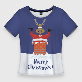 Женская футболка 3D Slim с принтом Санта в трубе с Оленем в Курске,  |  | christmas | merry christmas | santa claus | дед мороз | ёлка | новогодние олени | новый год | оленёнок бэмби | оленёнок рудольф | орнамент | с новым годом | сантаклаус | свитер с оленями | снегурочка | снежинки | узоры