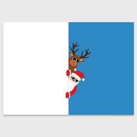 Поздравительная открытка с принтом Крутые Санта и Олень в Курске, 100% бумага | плотность бумаги 280 г/м2, матовая, на обратной стороне линовка и место для марки
 | Тематика изображения на принте: christmas | merry christmas | santa claus | в очках | дед мороз | ёлка | новогодние олени | новый год | оленёнок бэмби | оленёнок рудольф | с новым годом | сантаклаус | свитер с оленями | северный олень | снегурочка