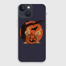 Чехол для iPhone 13 mini с принтом Night of Fear. Mystic Sunset в Курске,  |  | bat | branch | candle | candles | evening | flame | halloween | jack | lamp | mystic | night | pumpkin | smoke | sunset | tree | wax | ветка | вечер | воск | дерево | джека | дым | закат | летучая | мистика | мышь | ночь | пламя | светильни