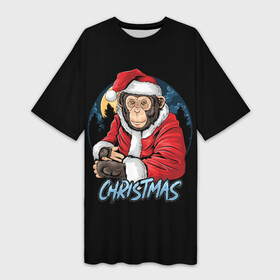 Платье-футболка 3D с принтом CHRISTMAS (обезьяна) в Курске,  |  | chimpanzee | christmas | gorilla | merry christmas | monkey | santa claus | бигфут | гамадрил | гиббон | год обе | горилла | дед мороз | ёлка | животное | зверь | мартышка | новый год | обезьяна | орангутан | подарок | праздник