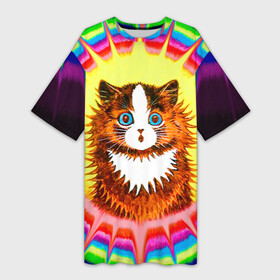 Платье-футболка 3D с принтом Psychedelic Rainbow Cat в Курске,  |  | benedict cumberbatch | louis wain | louis wains cats | psychedelic rainbow cat | the electrical life | антропоморфный | бенедикт камбербэтч | известный художник | кошачьи миры луиса уэйна | луис вэйн | луис уэйн | радуга | радужный кот