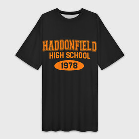 Платье-футболка 3D с принтом Haddonfield High School 1978 в Курске,  |  | face | haddonfield | halloween | high | killer | leather | maniac | michael | myers | mystic | school | uniform | кожаное | лицо | майерс | майкл | мистика | старшая | униформа | форма | хаддонифилд | хэллоуин | ш