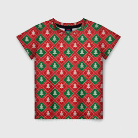 Детская футболка 3D с принтом Ёлочки (красно зелёные) в Курске, 100% гипоаллергенный полиэфир | прямой крой, круглый вырез горловины, длина до линии бедер, чуть спущенное плечо, ткань немного тянется | merry christmas | бабушкин свитер | дед мороз | ёлка | елочные шары | новогодний подарок | новый год | подарок | природа | рождество | свитер | свитер с ёлками | снежинки