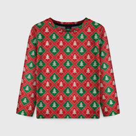 Детский лонгслив 3D с принтом Ёлочки (красно зелёные) в Курске, 100% полиэстер | длинные рукава, круглый вырез горловины, полуприлегающий силуэт
 | merry christmas | бабушкин свитер | дед мороз | ёлка | елочные шары | новогодний подарок | новый год | подарок | природа | рождество | свитер | свитер с ёлками | снежинки