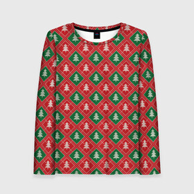 Женский лонгслив 3D с принтом Ёлочки (красно зелёные) в Курске, 100% полиэстер | длинные рукава, круглый вырез горловины, полуприлегающий силуэт | merry christmas | бабушкин свитер | дед мороз | ёлка | елочные шары | новогодний подарок | новый год | подарок | природа | рождество | свитер | свитер с ёлками | снежинки