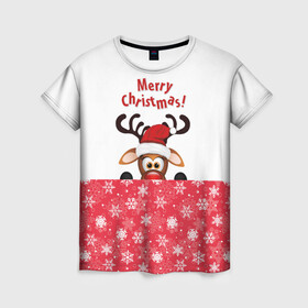 Женская футболка 3D с принтом Оленёнок (Merry Christmas) в Курске, 100% полиэфир ( синтетическое хлопкоподобное полотно) | прямой крой, круглый вырез горловины, длина до линии бедер | merry christmas | santa claus | дед мороз | ёлка | зверь | зима | лось | мороз | новогодние олени | новый год | оленёнок бэмби | оленёнок рудольф | олень | подарок | празд | рождество | с новым годом | сантаклаус