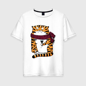 Женская футболка хлопок Oversize с принтом Недовольный тигр с бокалом вина в Курске, 100% хлопок | свободный крой, круглый ворот, спущенный рукав, длина до линии бедер
 | 2022 | год тигра | новый год | новый год 2022 | символ года | тигр | тигренок | тигрица | тигры